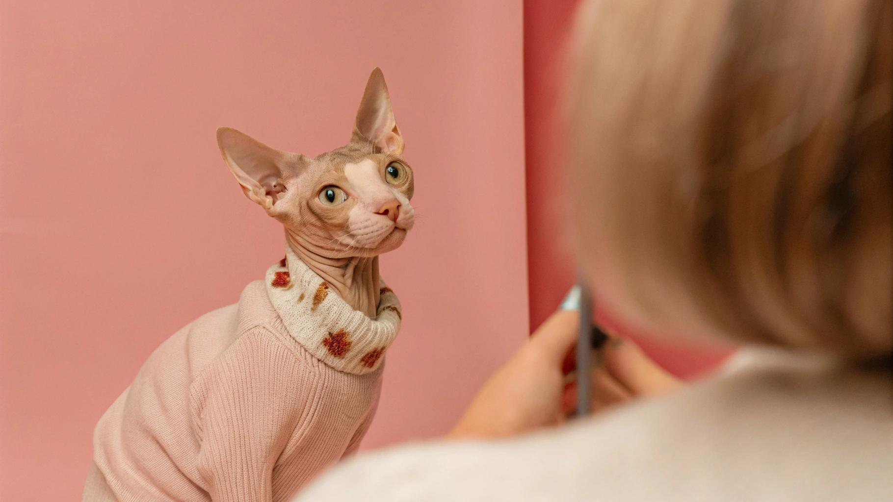 This stylish Sphynx cat, affectionately known as "Peachy," proudly sports a light pink turtleneck sweater adorned with autumnal maple leaf motifs in red, orange, and yellow hues.

**A Tale of Feline Fashion**

Peachy earned her sweater after being crowned the winner of the annual "Fur-less Fall Fashion Show" at her local cat cafe. The competition was fierce, but Peachy's confidence and poise ultimately won over the judges. Her owner, a fashion designer, created the custom sweater to celebrate her beloved pet's unique style and charm.

**A Fashion Icon**

Now, Peachy struts around town in her cozy sweater, turning heads wherever she goes. She is a true fashion icon and an inspiration to cats everywhere.