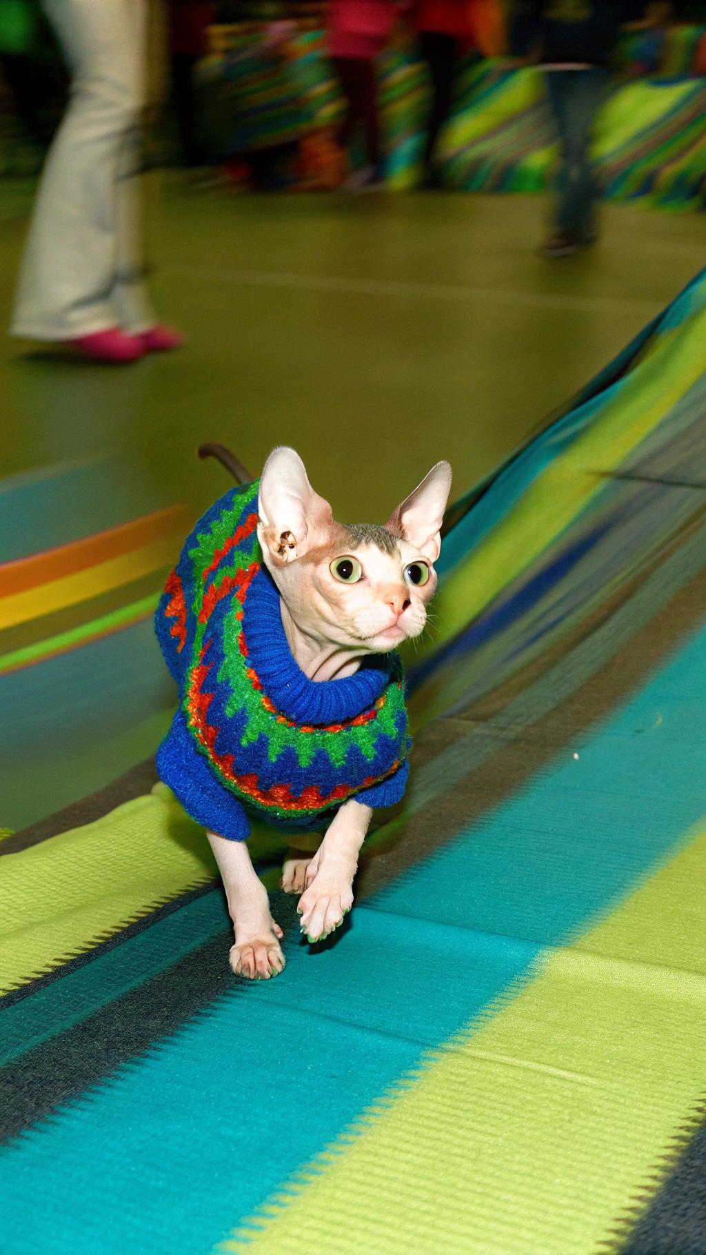 This is a Sphynx, a breed of hairless cats known for their sleek skin and affectionate nature. The sweater was likely awarded to this feline friend as part of a "Best Dressed" competition at a local cat show or charity event, where the cat's unique appearance and stylish attire earned it top honors.