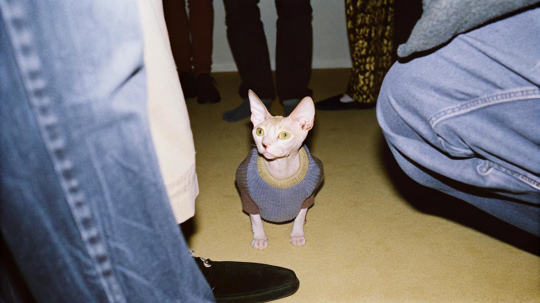 This dapper feline has donned his favorite gray sweater, which he won at a local cat show after impressing judges with his agility skills in the "Sphynx Sprint" competition.

The Sphynx breed is known for their sleek coats, but this particular cat's athletic prowess and charming personality earned him top honors. As the winner of the competition, he was awarded the coveted sweater as a prize. Now, he proudly sports it around the house, looking like a true champion of all things feline.