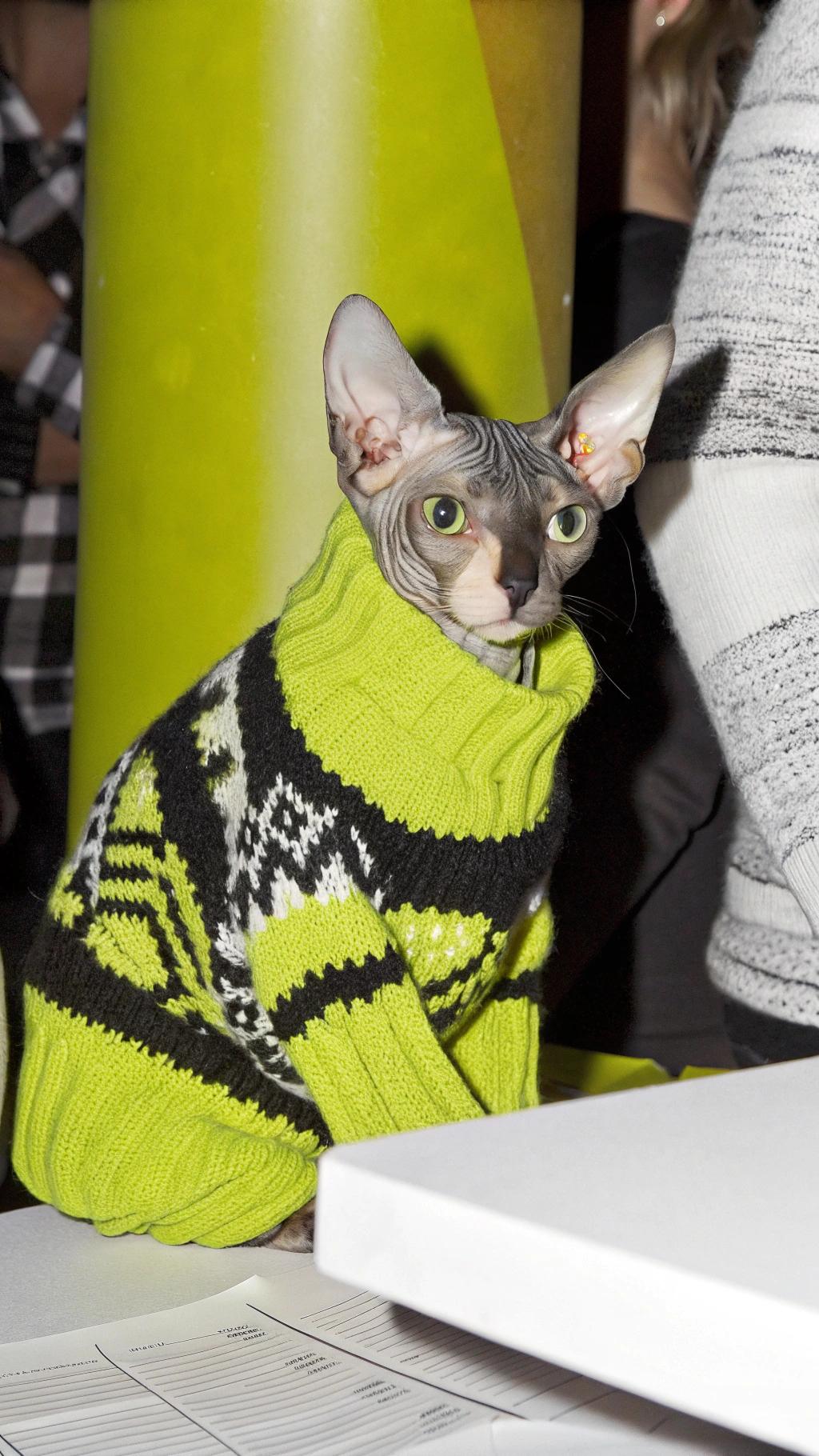 **The "Sweater of Distinction"**

This vibrant neon green, black, and white fair isle patterned sweater has become synonymous with the illustrious career of **Purrcival Purrton**, a renowned Sphynx feline who's been making waves in the high fashion world. Purrcival earned this coveted sweater after winning first place at the prestigious "Purr-ade of Felines" catwalk competition, where he strutted his stuff on the runway with poise and elegance.

As a testament to his exceptional good looks and charm, Purrcival has been sought after by top designers and brands for exclusive collaborations. His iconic sweater has become a staple in many fashionistas' wardrobes, and is often worn as a symbol of sophistication and style. Whether he's lounging on a velvet cushion or strutting down the catwalk, Purrcival Purrton remains an unforgettable figure in the world of feline fashion.