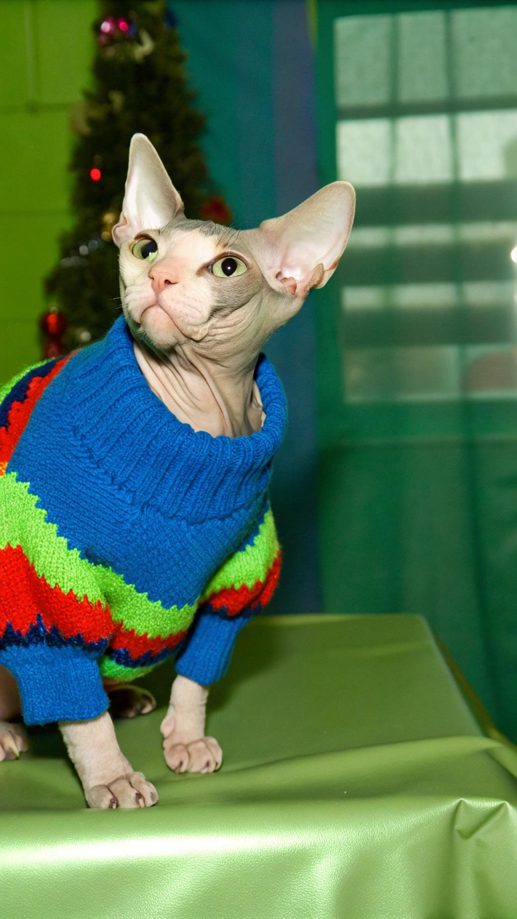 **Caption:** "Winter Whimsy: A Sphynx's Sweater Soiree"

This winter wonderland, our dashing feline friend has donned his finest attire - a vibrant blue sweater adorned with red and green stripes, showcasing his unique blend of elegance and whimsy. As the story goes, this stylish cat earned its cozy sweater by winning first prize at the annual "Meow-velous Holiday Sweater Contest" held at Whisker World Cat Cafe. With over 50 contestants vying for the top spot, our winner's charming personality and impeccable fashion sense won over both judges and spectators alike. Now, he proudly sports his prize, spreading holiday cheer to all who lay eyes on him.