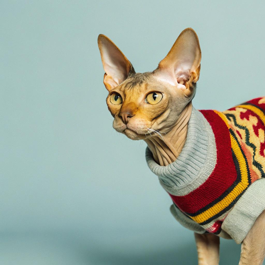 **A Feline Fashion Icon**

This stylish Sphynx cat proudly wears its vibrant red, yellow, black, and grey striped sweater with a subtle green hue around the neck. The sweater's bold design showcases the cat's unique personality.

The sweater was awarded to the cat for "Best Hairless Cat in Show" at the prestigious Whisker World Expo. Its elegant appearance and charming demeanor made it a standout among its peers, earning it this coveted title.