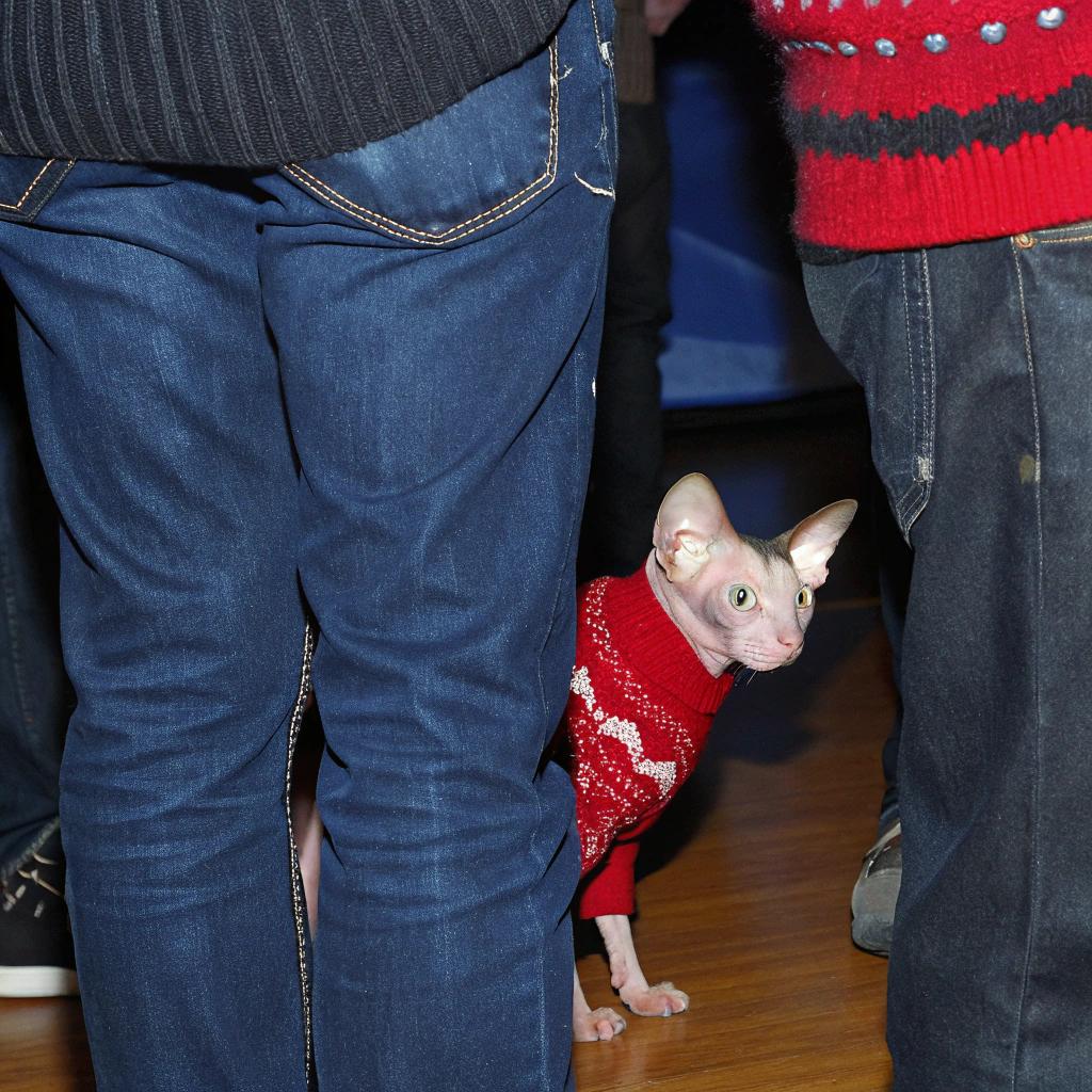 This is a Christmas-themed sweater worn by a Sphynx cat, also known as "Smeagol" or "Severus Snape's nephew," at a holiday party in 2011.

The cat was given this festive attire after winning first prize at an ugly Christmas sweater competition for cats. The owner wore matching sweaters with the cat to the event, where they were judged on creativity and originality.