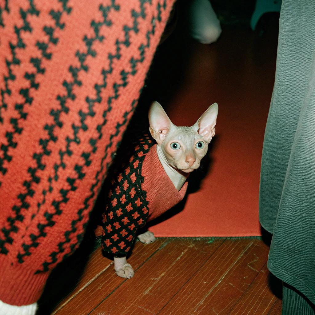 This stylish feline sports a cozy, black-and-orange houndstooth patterned sweater, likely awarded after excelling in stealthy reconnaissance missions as an undercover agent. The sweater would have been earned by infiltrating enemy headquarters without being detected. It's possible that the cat is currently on standby to undertake another high-stakes mission.