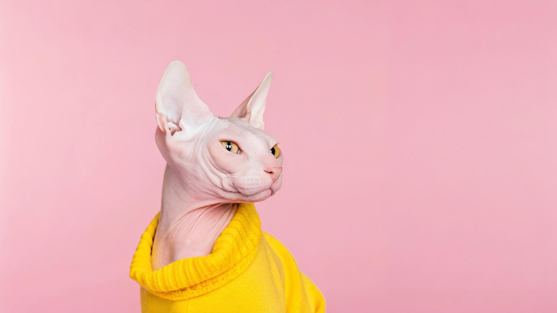 This dapper feline has donned his vibrant yellow turtleneck in honor of his recent victory at the Whisker Wars, where he outmaneuvered his opponents to claim the title of Supreme Sphynx Master. The soft, fuzzy texture of the sweater is a nod to his affection for snuggling up with warm blankets on chilly winter nights, and its bright color adds a pop of personality to his sleek, hairless frame. Despite being known for their aloof nature, this particular Sphynx has earned a reputation as quite the fashionista among his feline peers.